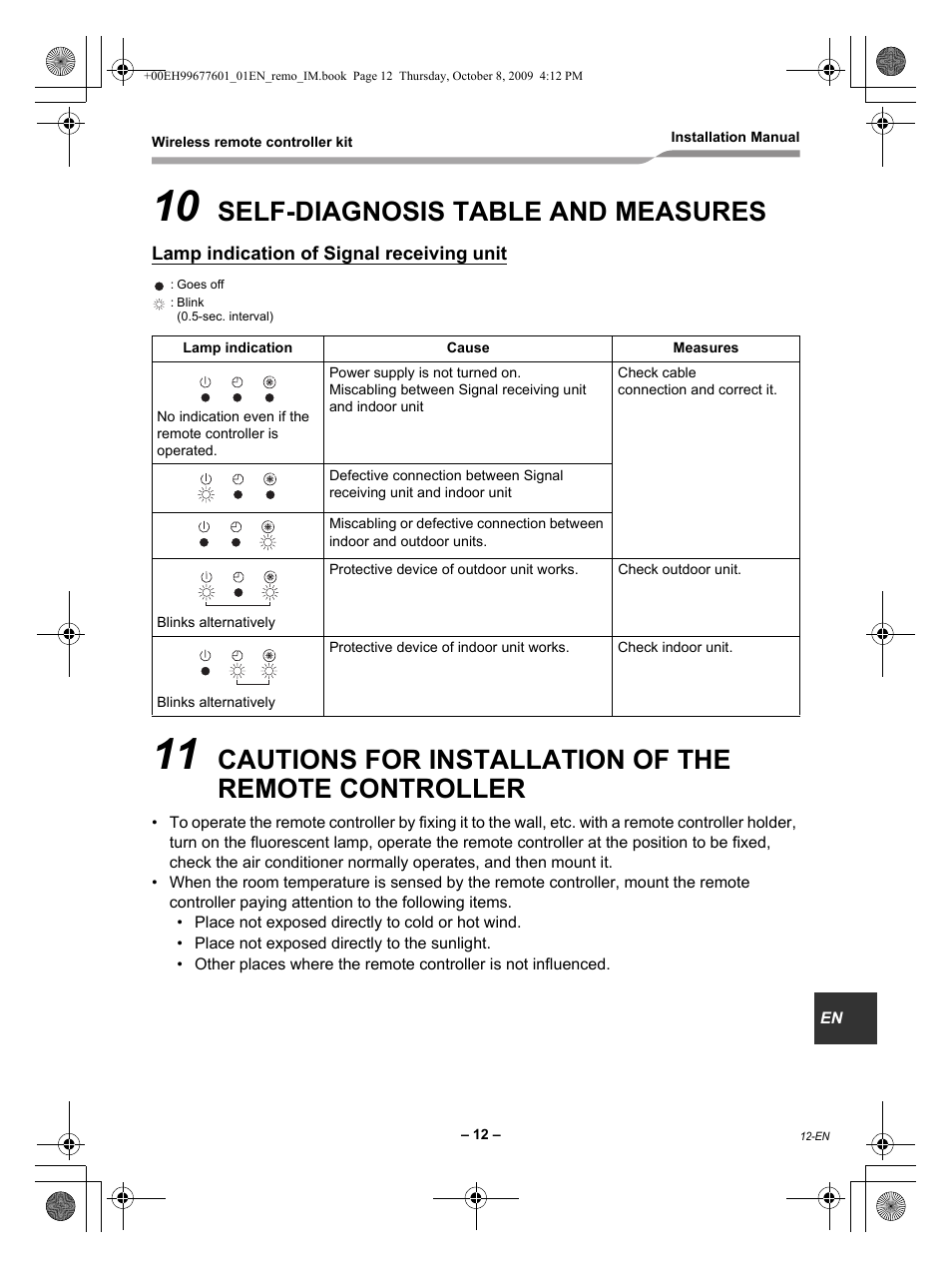 Self-diagnosis table and measures, Cautions for installation of the remote controller | Toshiba TCB-AX21UL User Manual | Page 13 / 16
