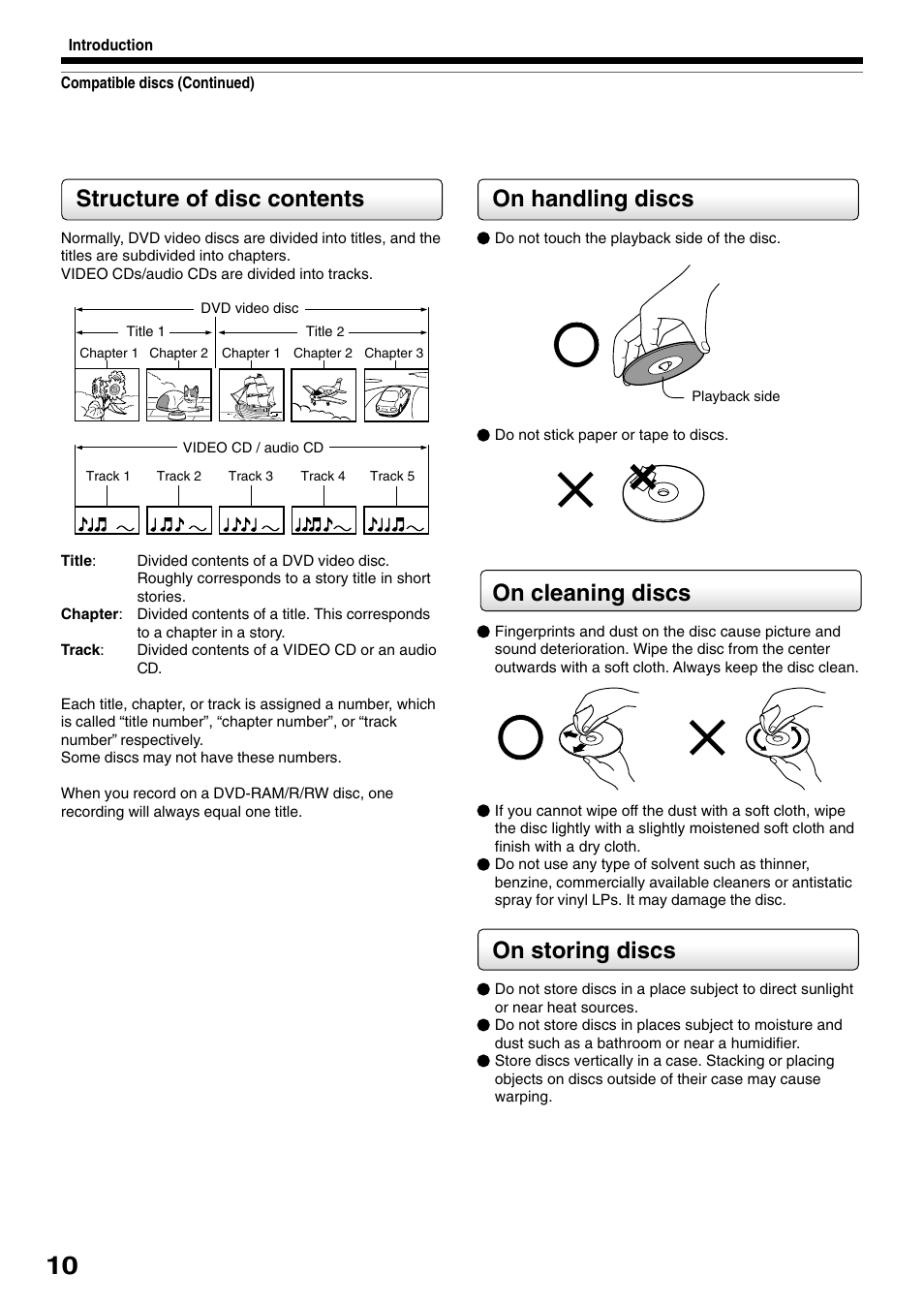 On handling discs, On cleaning discs, On storing discs | Structure of disc contents | Toshiba D-R1SU User Manual | Page 10 / 144