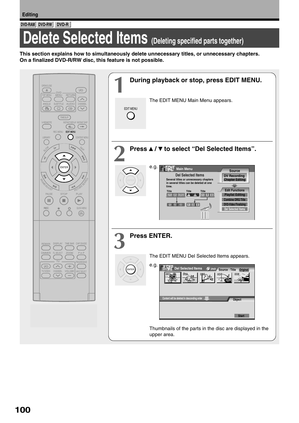 Delete selected items, Deleting specified parts together), During playback or stop, press edit menu | Press / to select “del selected items, Press enter, Editing | Toshiba D-R1SU User Manual | Page 100 / 144