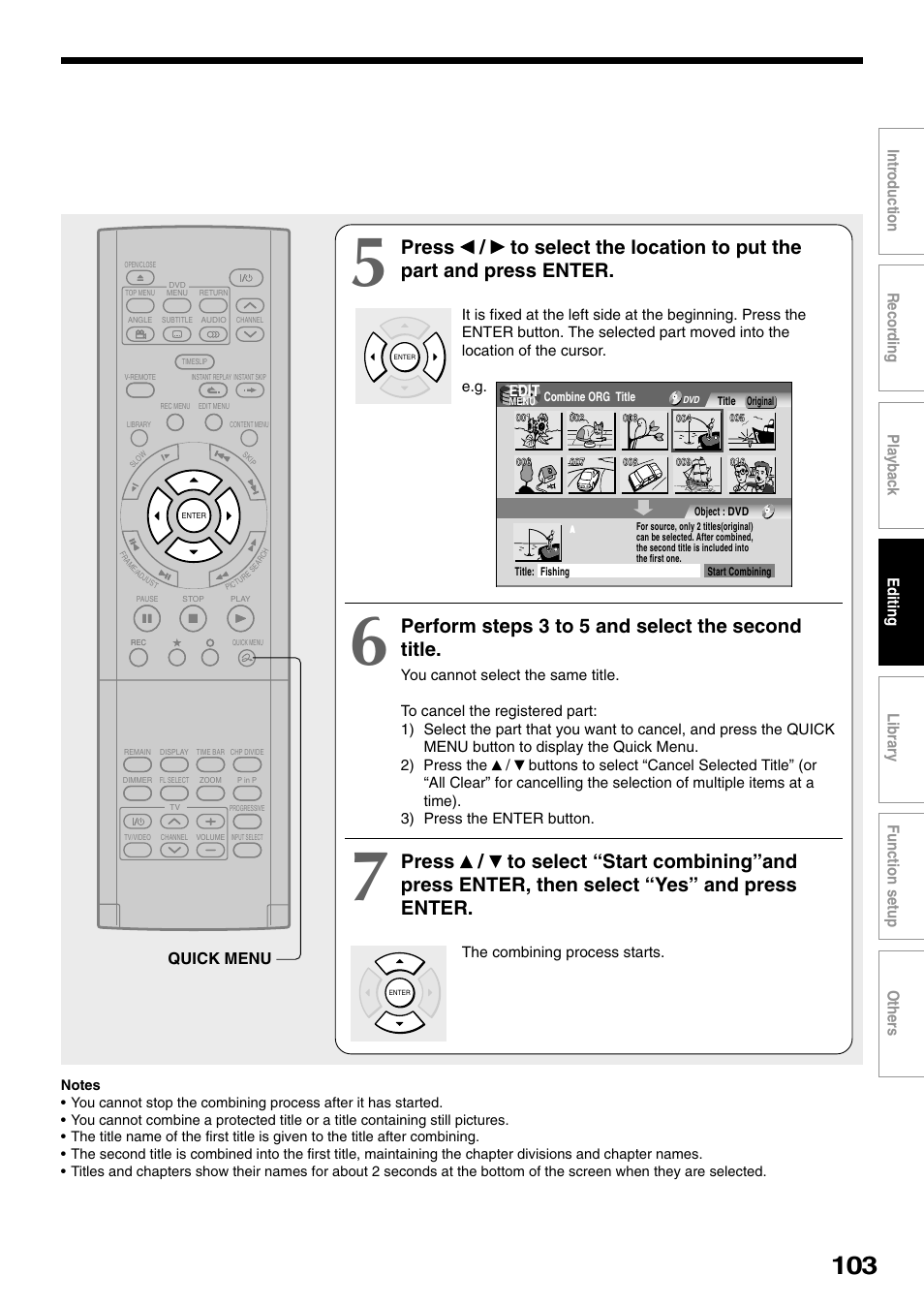 Perform steps 3 to 5 and select the second title, Quick menu, Edit | Toshiba D-R1SU User Manual | Page 103 / 144