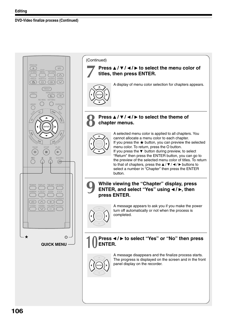 Press / / / to select the theme of chapter menus, Press / to select “yes” or “no” then press enter | Toshiba D-R1SU User Manual | Page 106 / 144