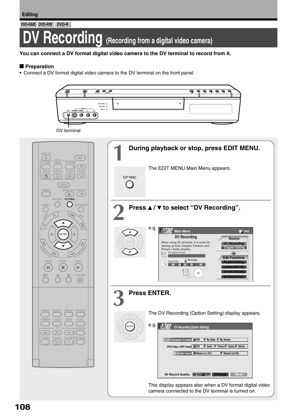 Dv recording, Recording from a digital video camera), During playback or stop, press edit menu | Press / to select “dv recording, Press enter, Editing, The edit menu main menu appears, Dvd-ram dvd-rw dvd-r, Dv terminal | Toshiba D-R1SU User Manual | Page 108 / 144