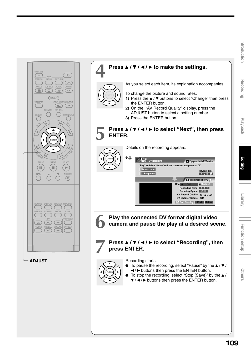 Press / / / to make the settings, Press / / / to select “next”, then press enter, Adjust | Toshiba D-R1SU User Manual | Page 109 / 144