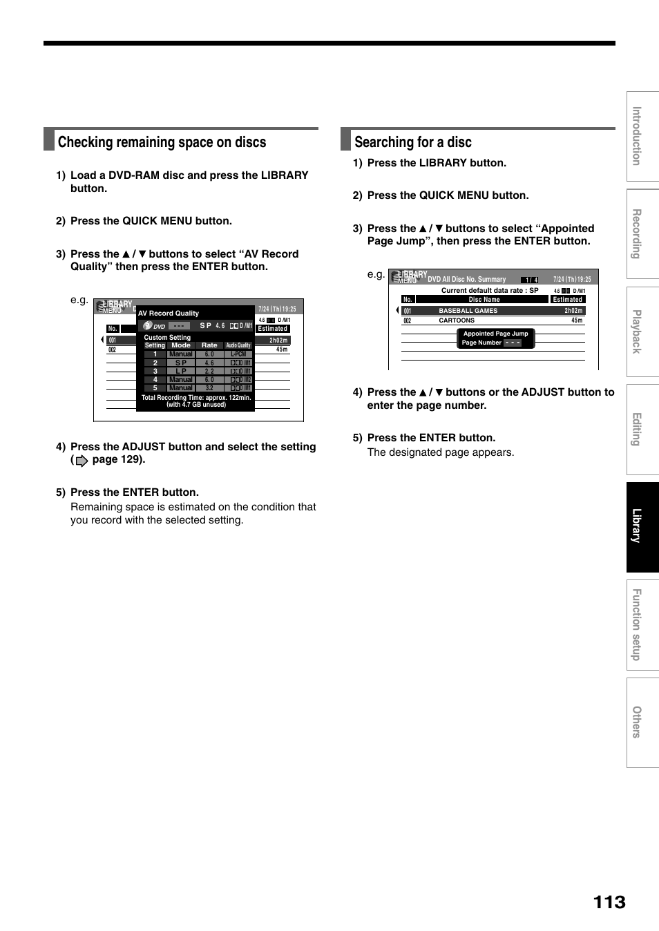 Checking remaining space on discs, Searching for a disc | Toshiba D-R1SU User Manual | Page 113 / 144