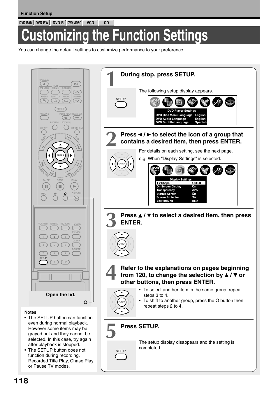 Customizing the function settings, During stop, press setup, Press / to select a desired item, then press enter | Press setup | Toshiba D-R1SU User Manual | Page 118 / 144
