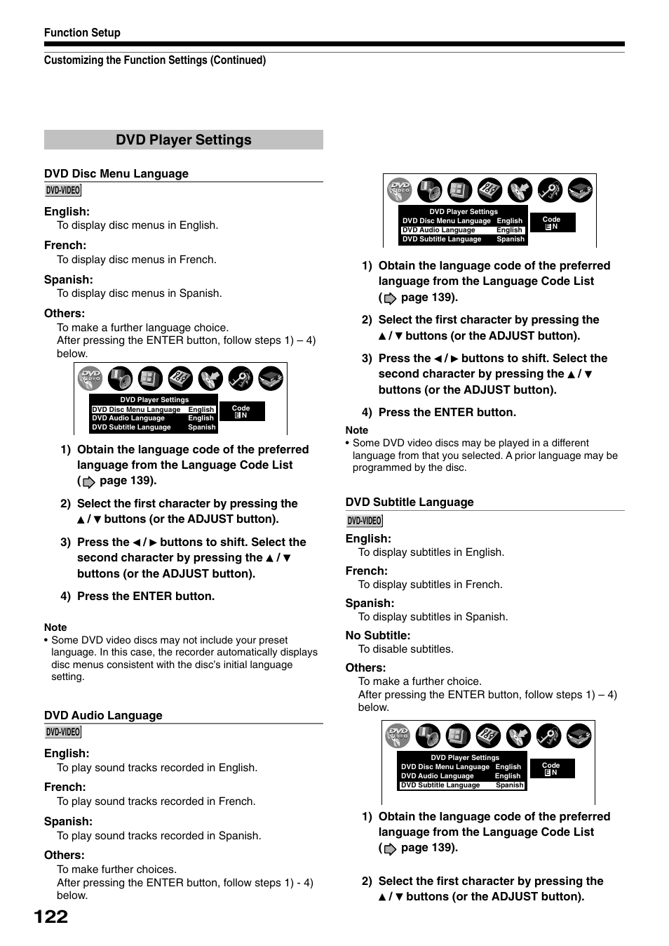 Dvd player settings | Toshiba D-R1SU User Manual | Page 122 / 144