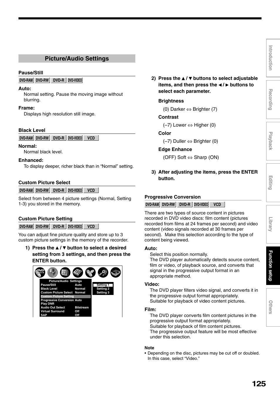 Picture/audio settings | Toshiba D-R1SU User Manual | Page 125 / 144