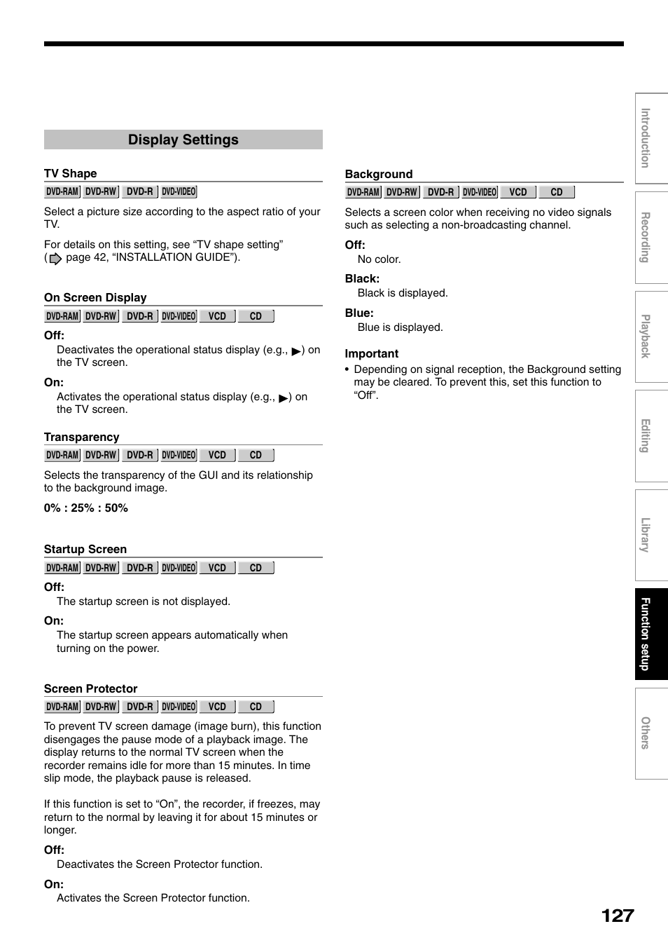 Display settings | Toshiba D-R1SU User Manual | Page 127 / 144