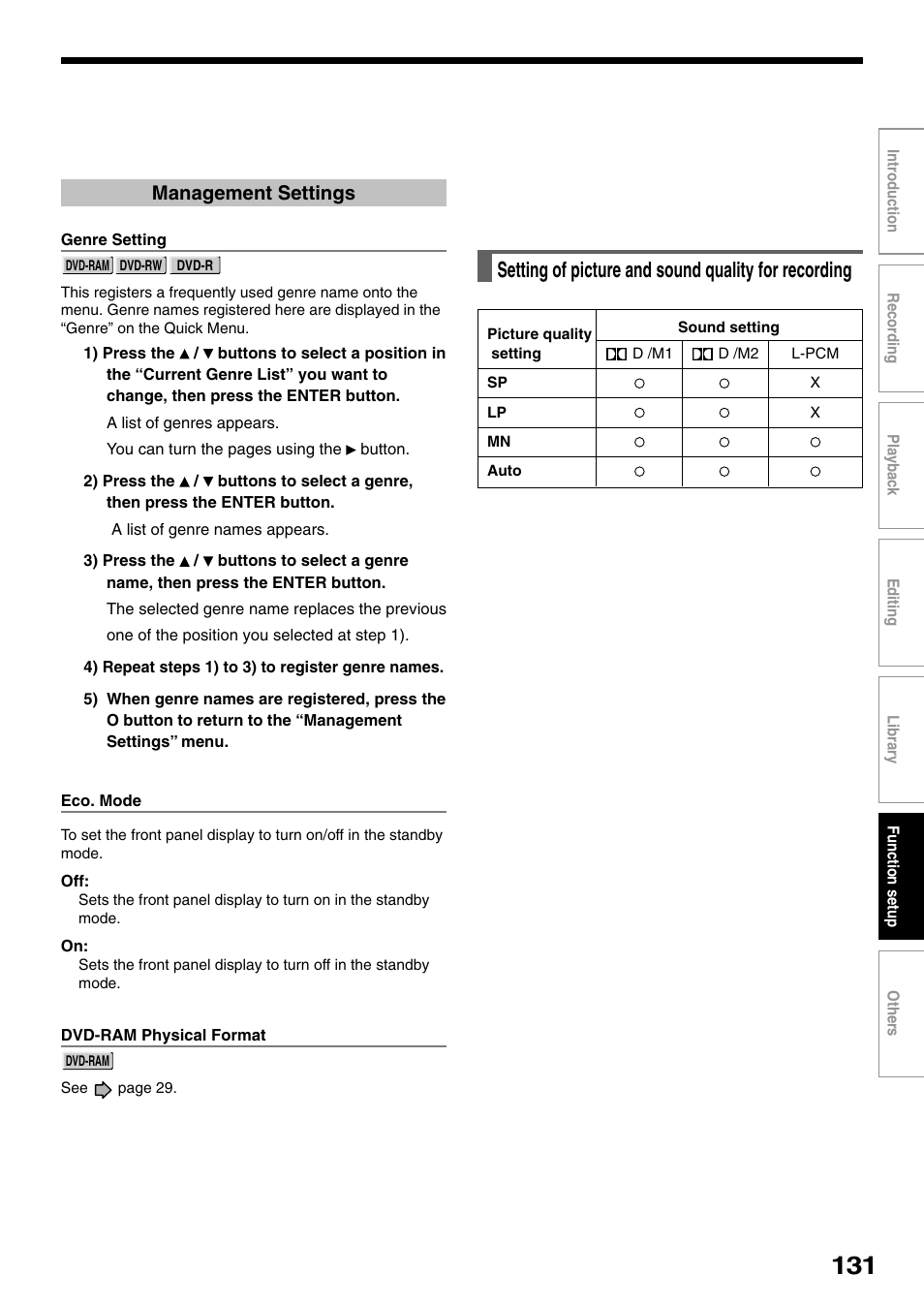Setting of picture and sound quality for recording, Management settings | Toshiba D-R1SU User Manual | Page 131 / 144