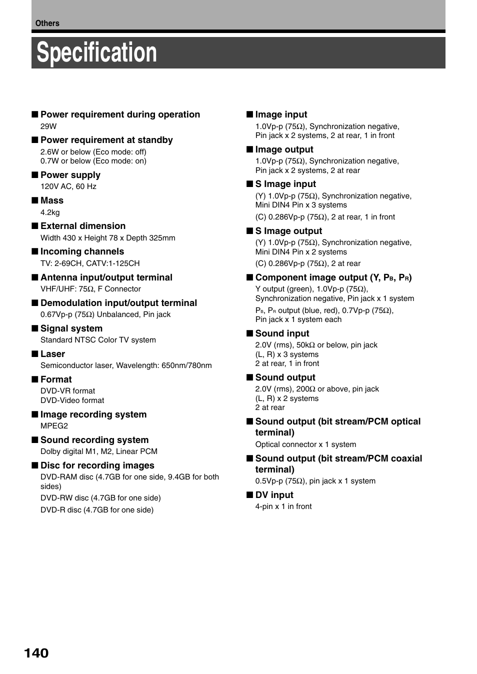 Specification | Toshiba D-R1SU User Manual | Page 140 / 144