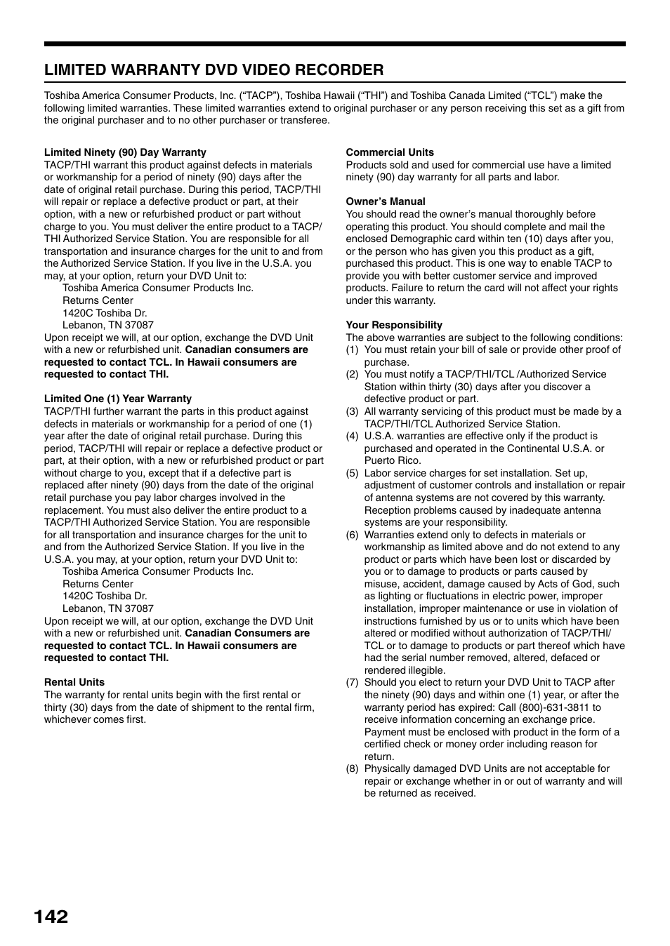 Limited warranty dvd video recorder | Toshiba D-R1SU User Manual | Page 142 / 144