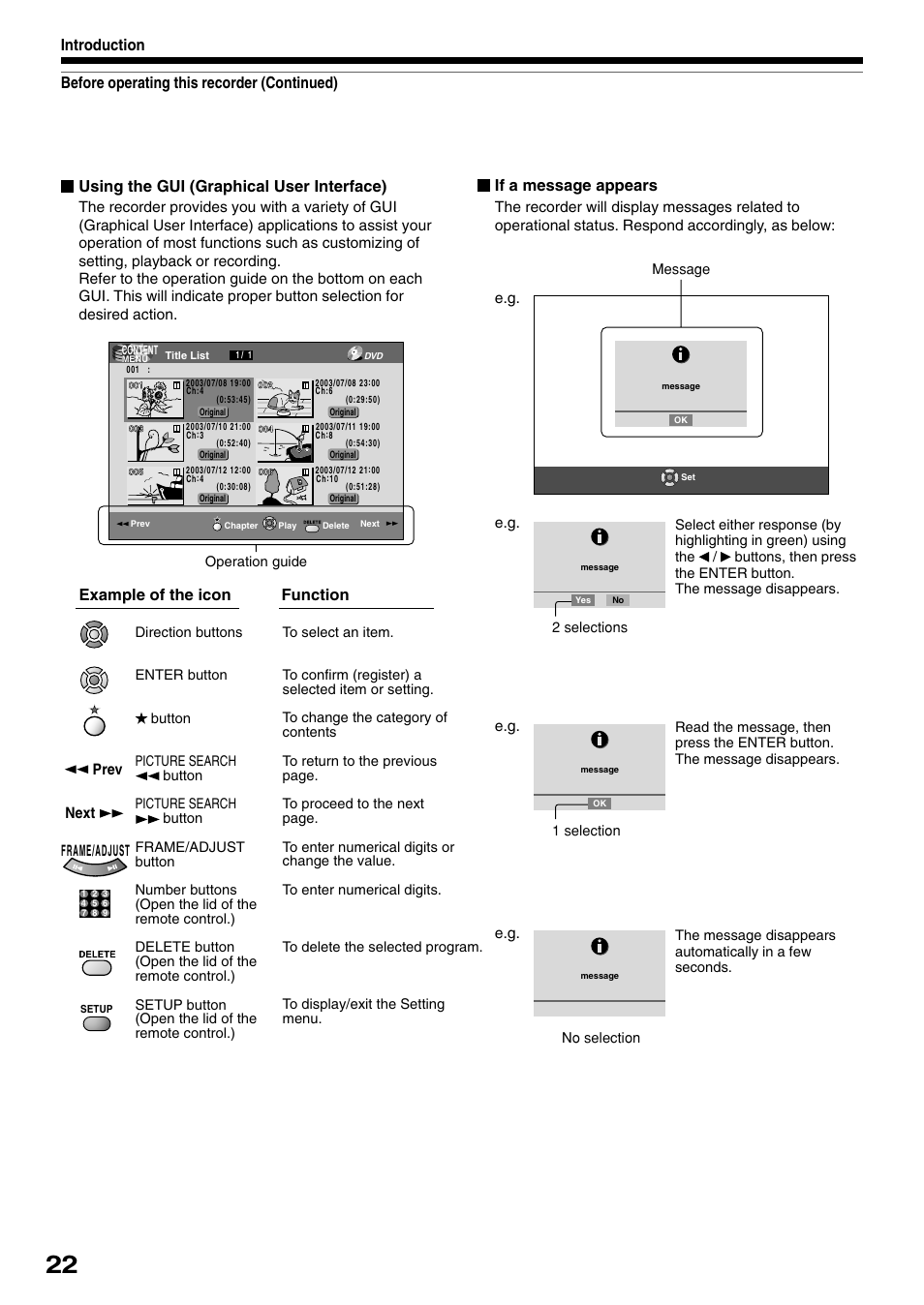 Using the gui (graphical user interface), If a message appears, Function example of the icon | Toshiba D-R1SU User Manual | Page 22 / 144