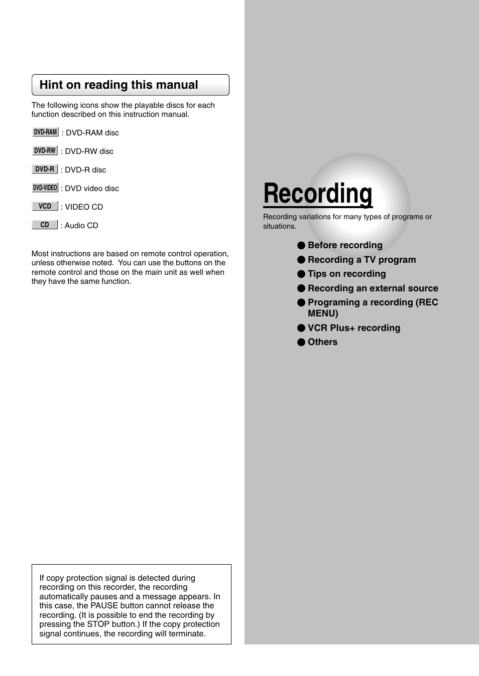 Recording, Hint on reading this manual | Toshiba D-R1SU User Manual | Page 25 / 144