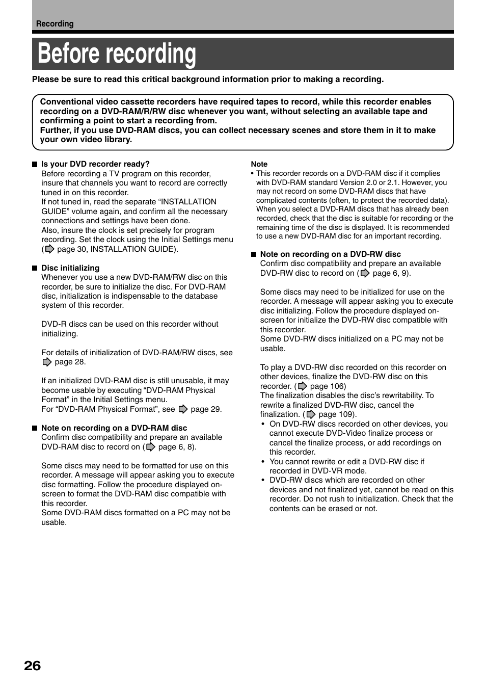 Before recording | Toshiba D-R1SU User Manual | Page 26 / 144