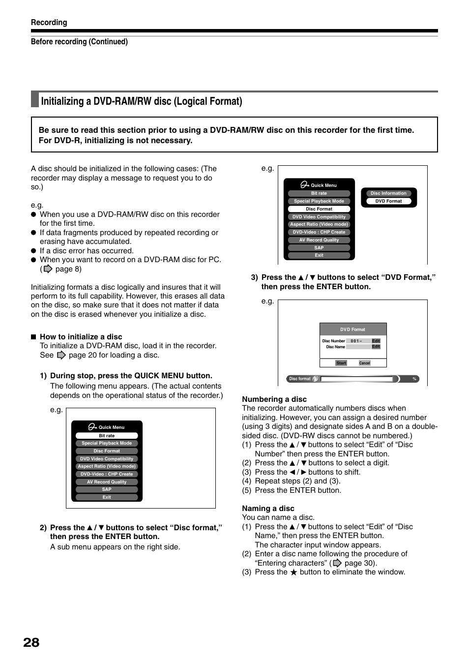 Initializing a dvd-ram/rw disc (logical format) | Toshiba D-R1SU User Manual | Page 28 / 144