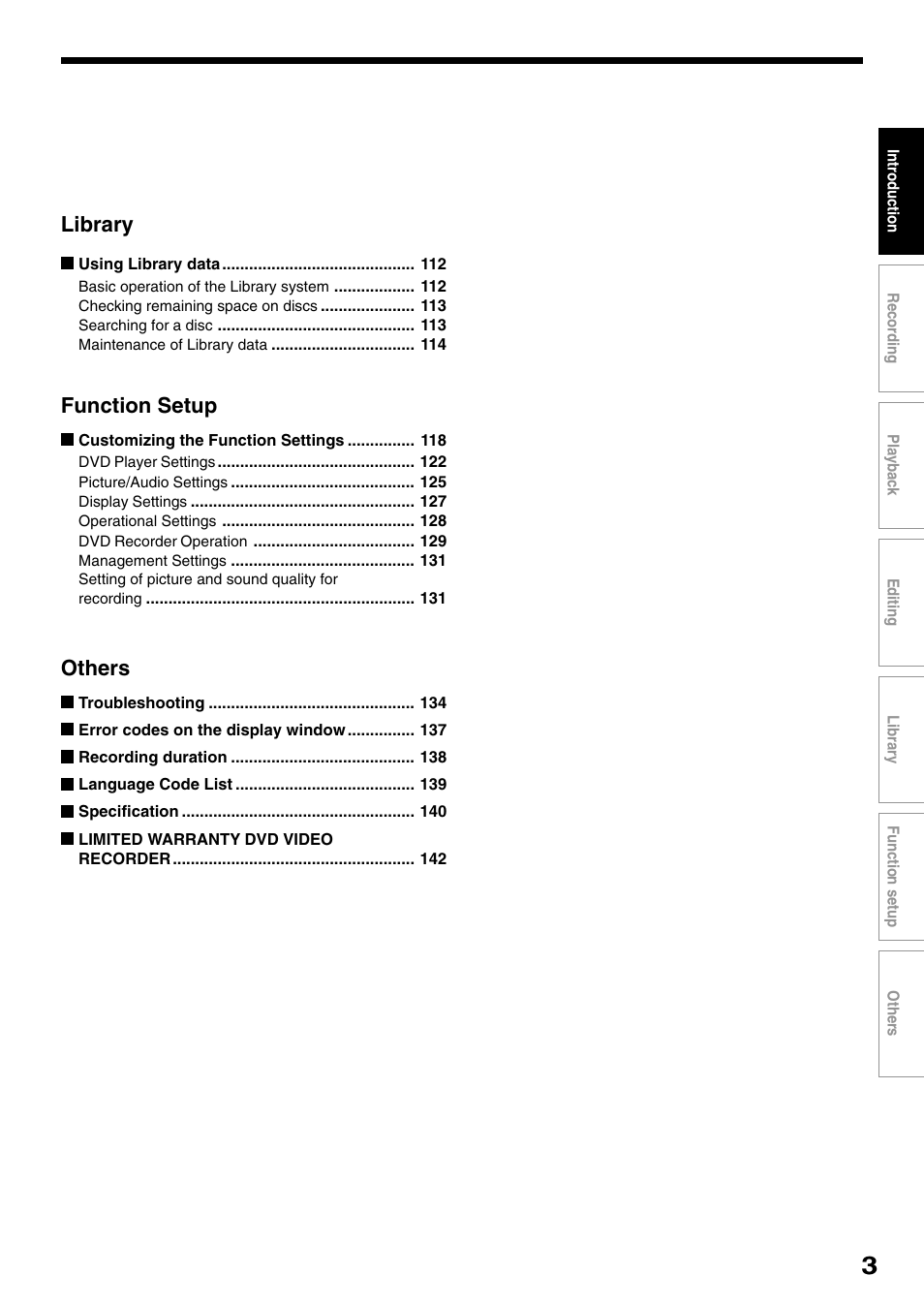 Library, Function setup, Others | Toshiba D-R1SU User Manual | Page 3 / 144