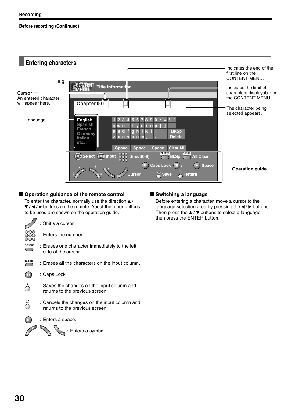 Entering characters, Content | Toshiba D-R1SU User Manual | Page 30 / 144