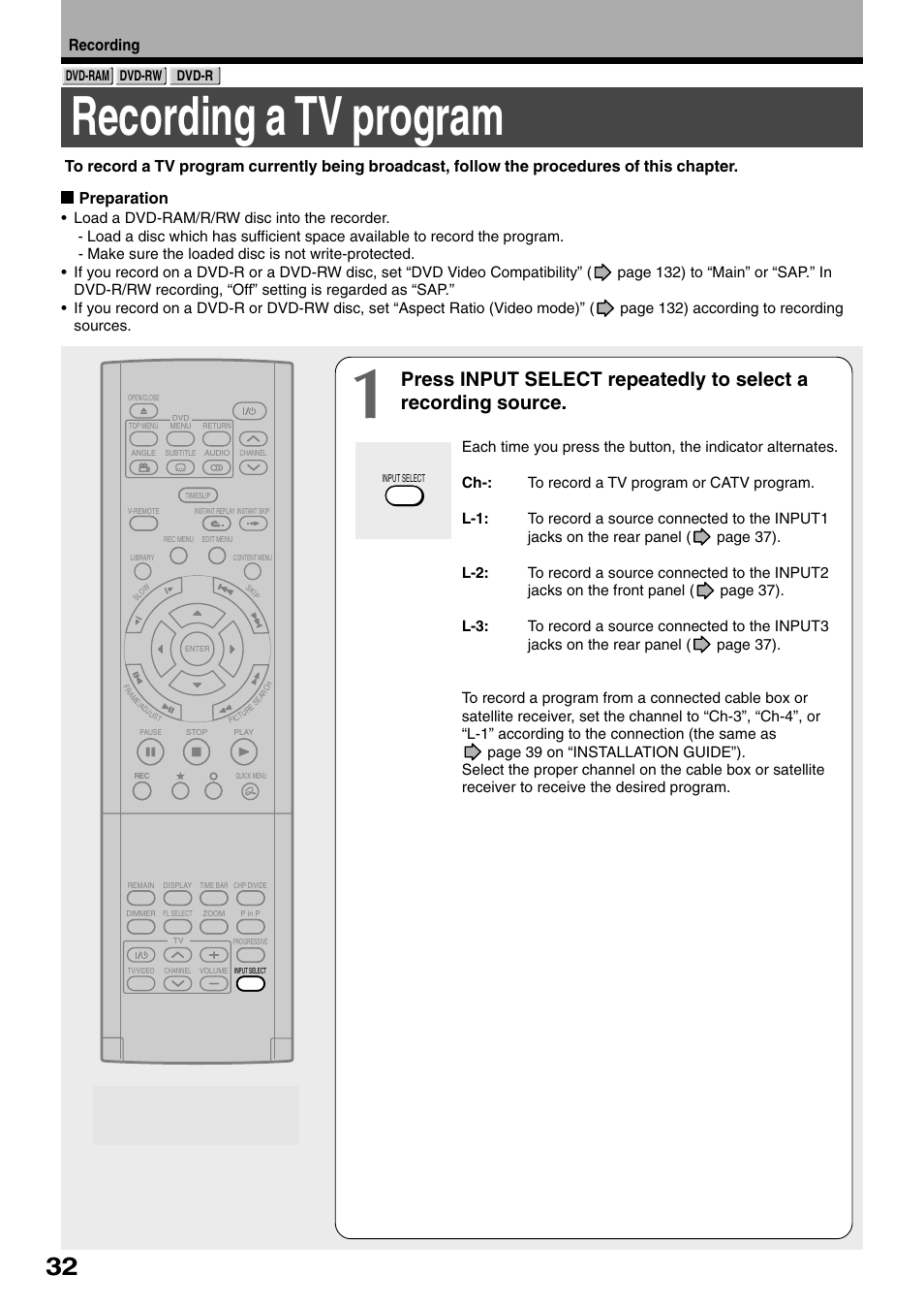 Recording a tv program, Preparation | Toshiba D-R1SU User Manual | Page 32 / 144