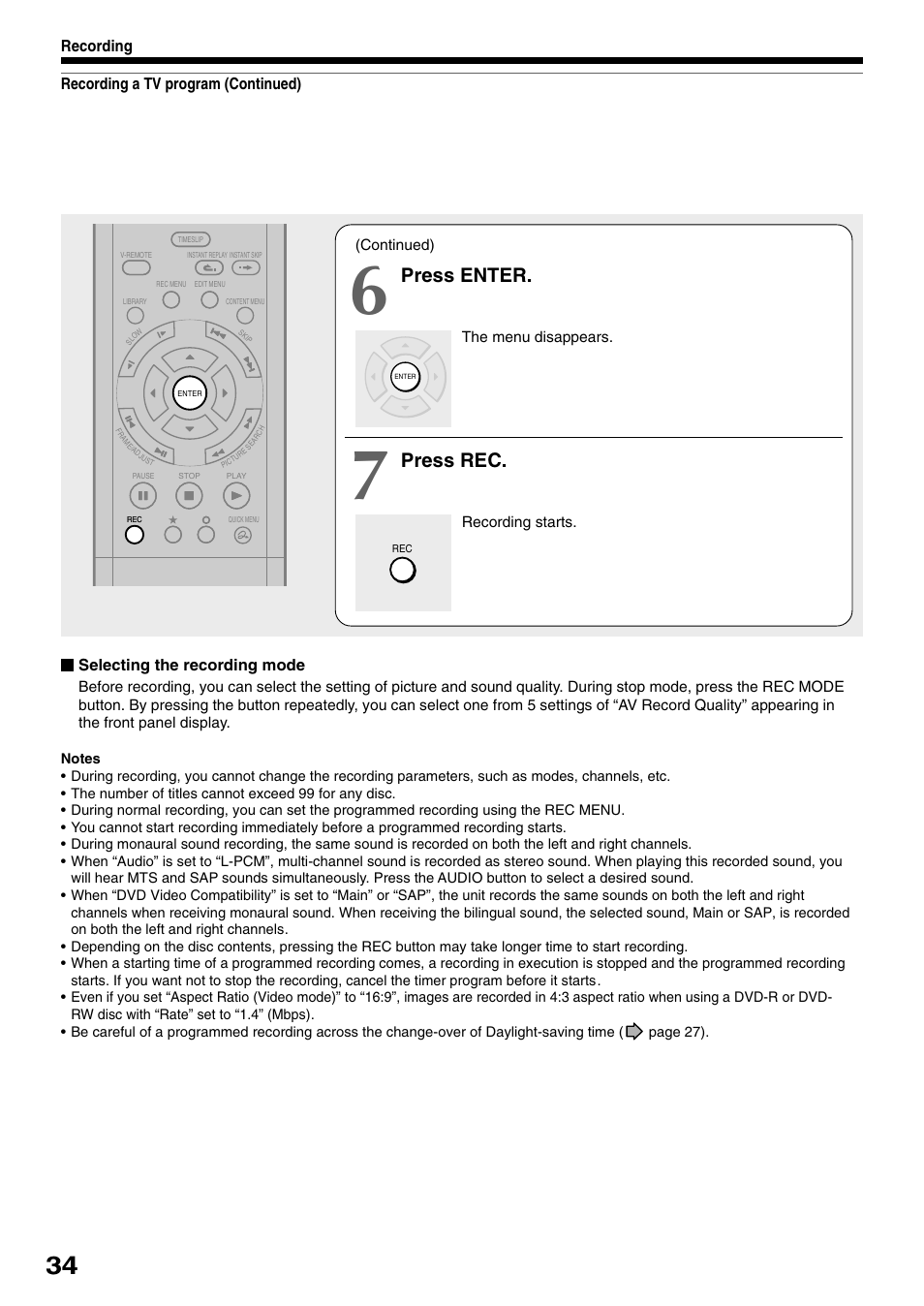 Press enter, Press rec | Toshiba D-R1SU User Manual | Page 34 / 144