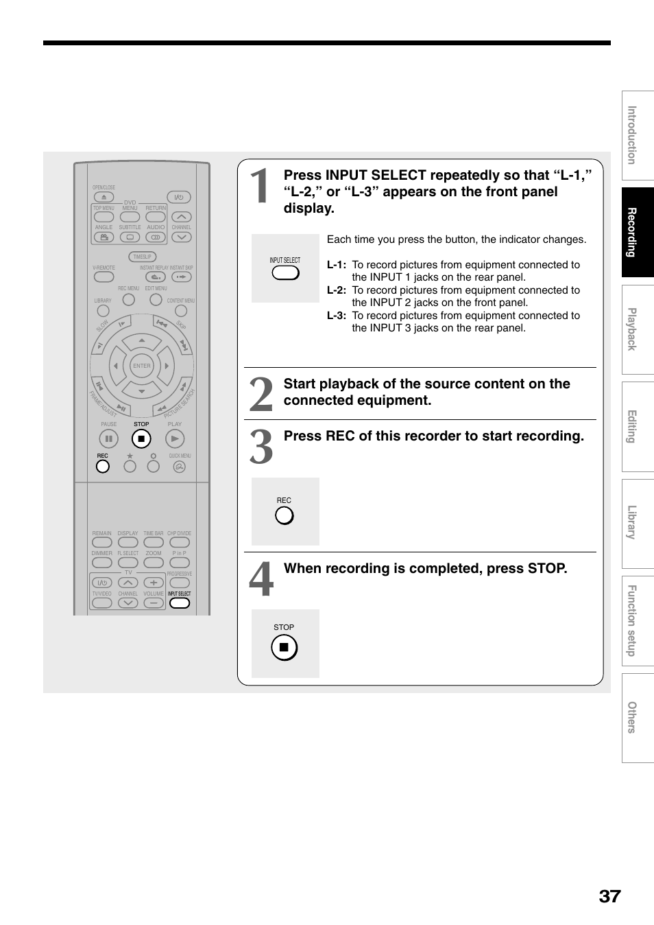 Press rec of this recorder to start recording, When recording is completed, press stop | Toshiba D-R1SU User Manual | Page 37 / 144