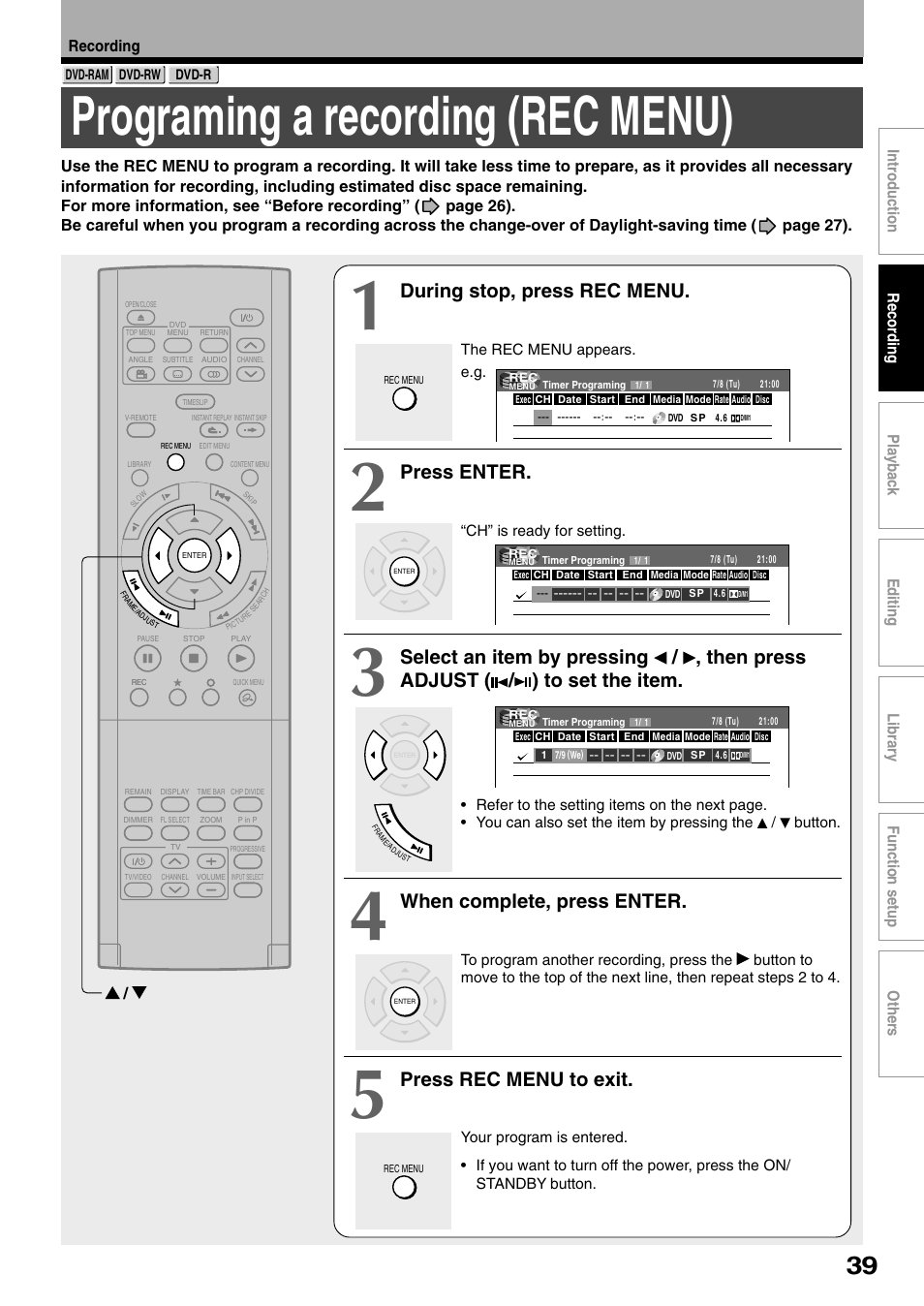 Programing a recording (rec menu), During stop, press rec menu, Press enter | When complete, press enter, Press rec menu to exit | Toshiba D-R1SU User Manual | Page 39 / 144