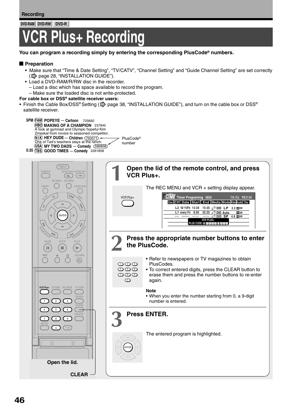 Vcr plus+ recording, Press enter, Recording | Numbers. preparation, Open the lid. clear | Toshiba D-R1SU User Manual | Page 46 / 144