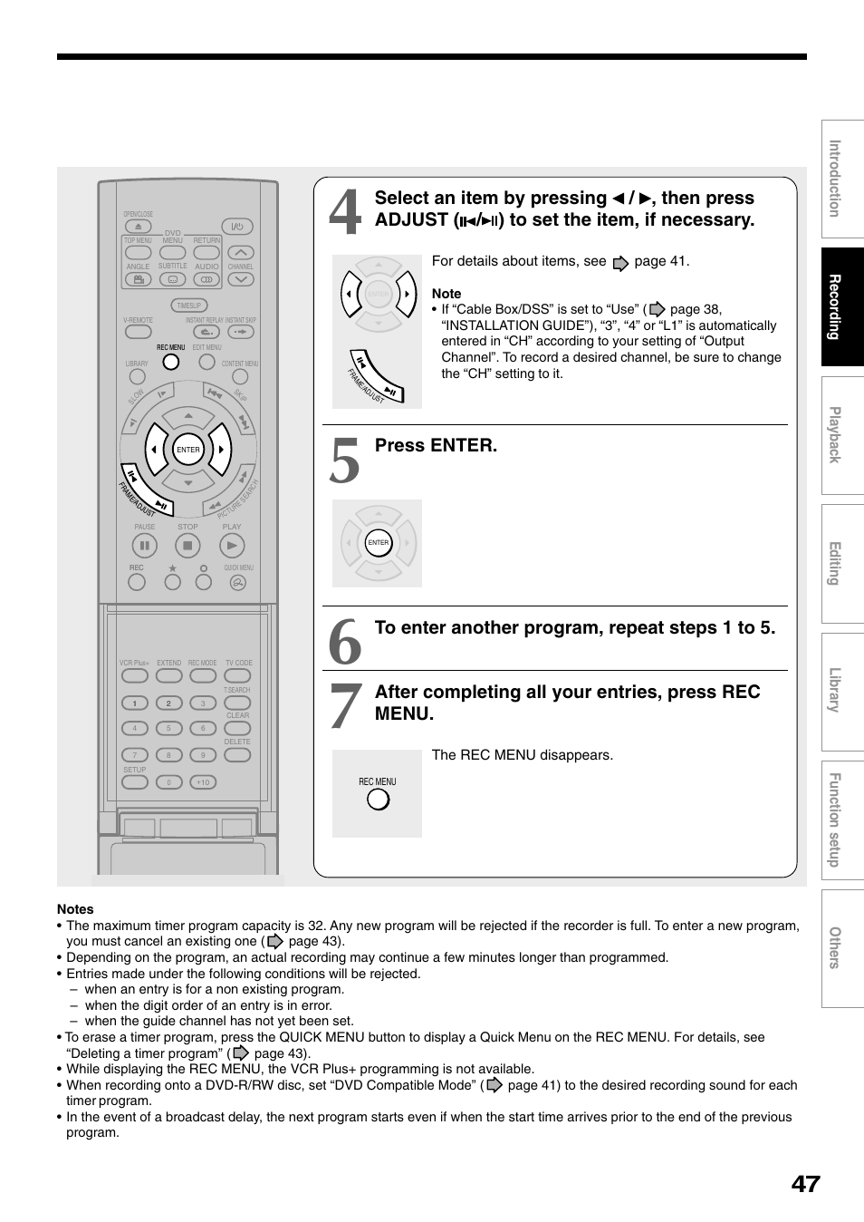 Press enter, After completing all your entries, press rec menu | Toshiba D-R1SU User Manual | Page 47 / 144