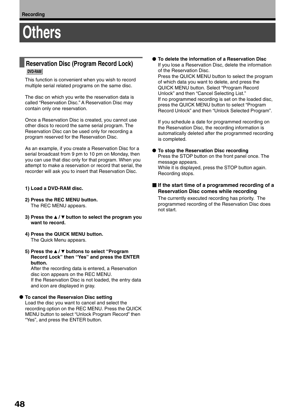 Others, Reservation disc (program record lock) | Toshiba D-R1SU User Manual | Page 48 / 144