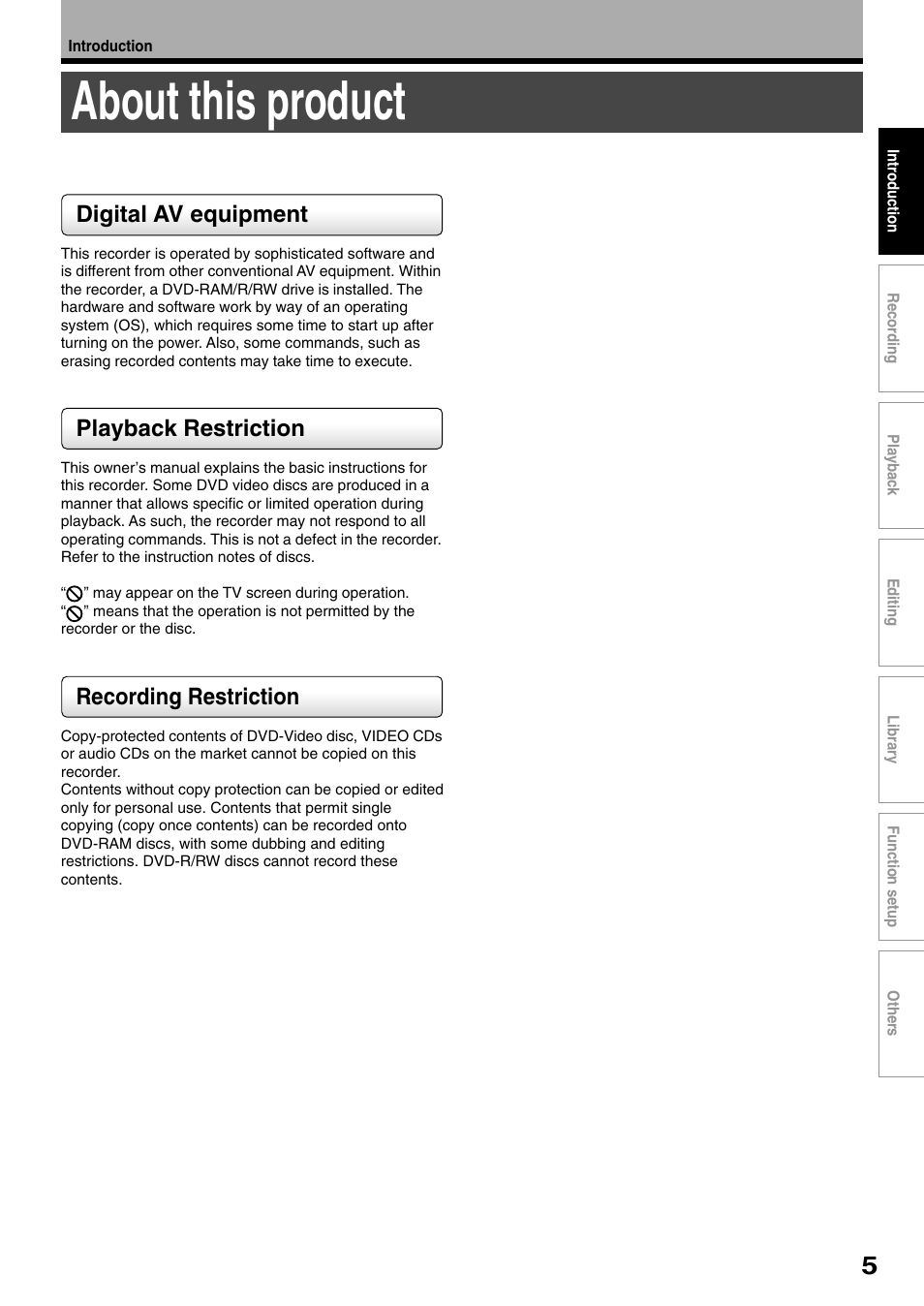 About this product, Digital av equipment, Playback restriction | Recording restriction | Toshiba D-R1SU User Manual | Page 5 / 144