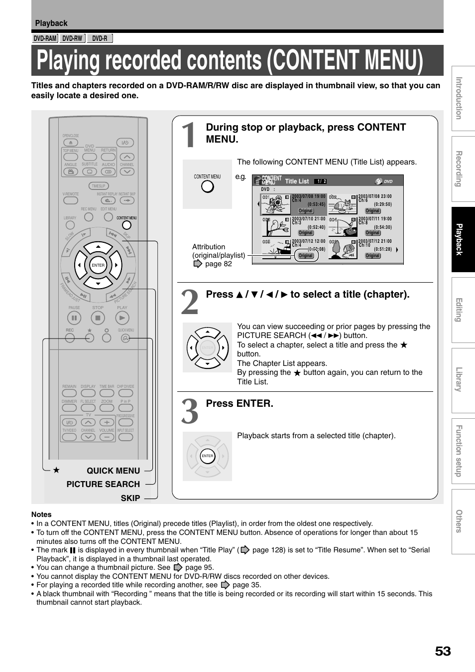 Playing recorded contents (content menu), During stop or playback, press content menu, Press / / / to select a title (chapter) | Press enter | Toshiba D-R1SU User Manual | Page 53 / 144