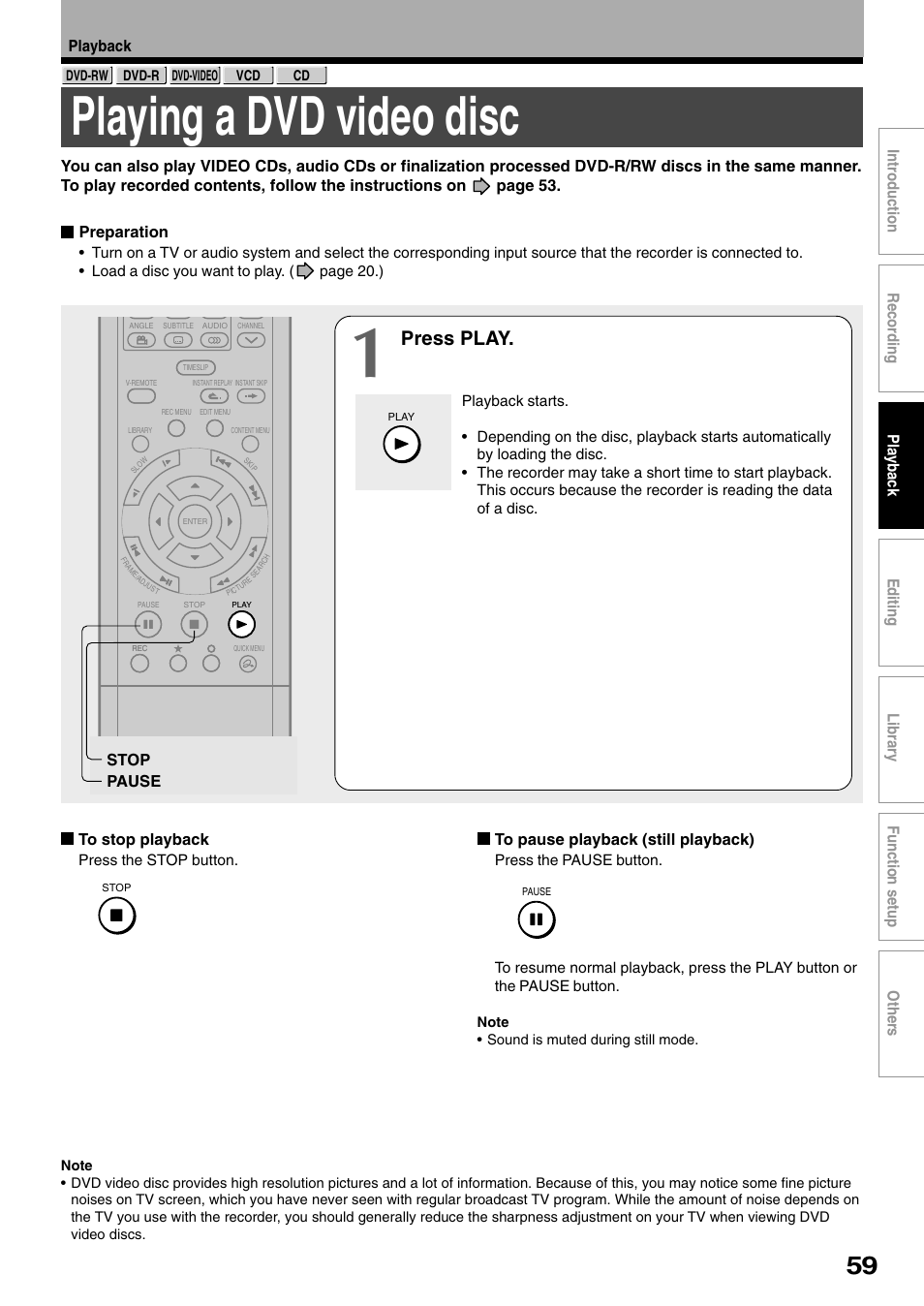 Playing a dvd video disc, Press play | Toshiba D-R1SU User Manual | Page 59 / 144