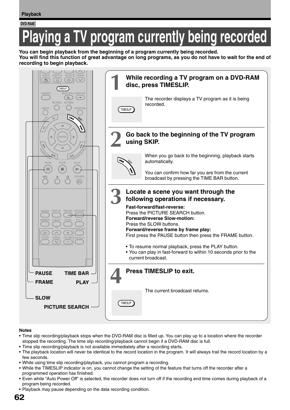 Playing a tv program currently being recorded, Press timeslip to exit | Toshiba D-R1SU User Manual | Page 62 / 144