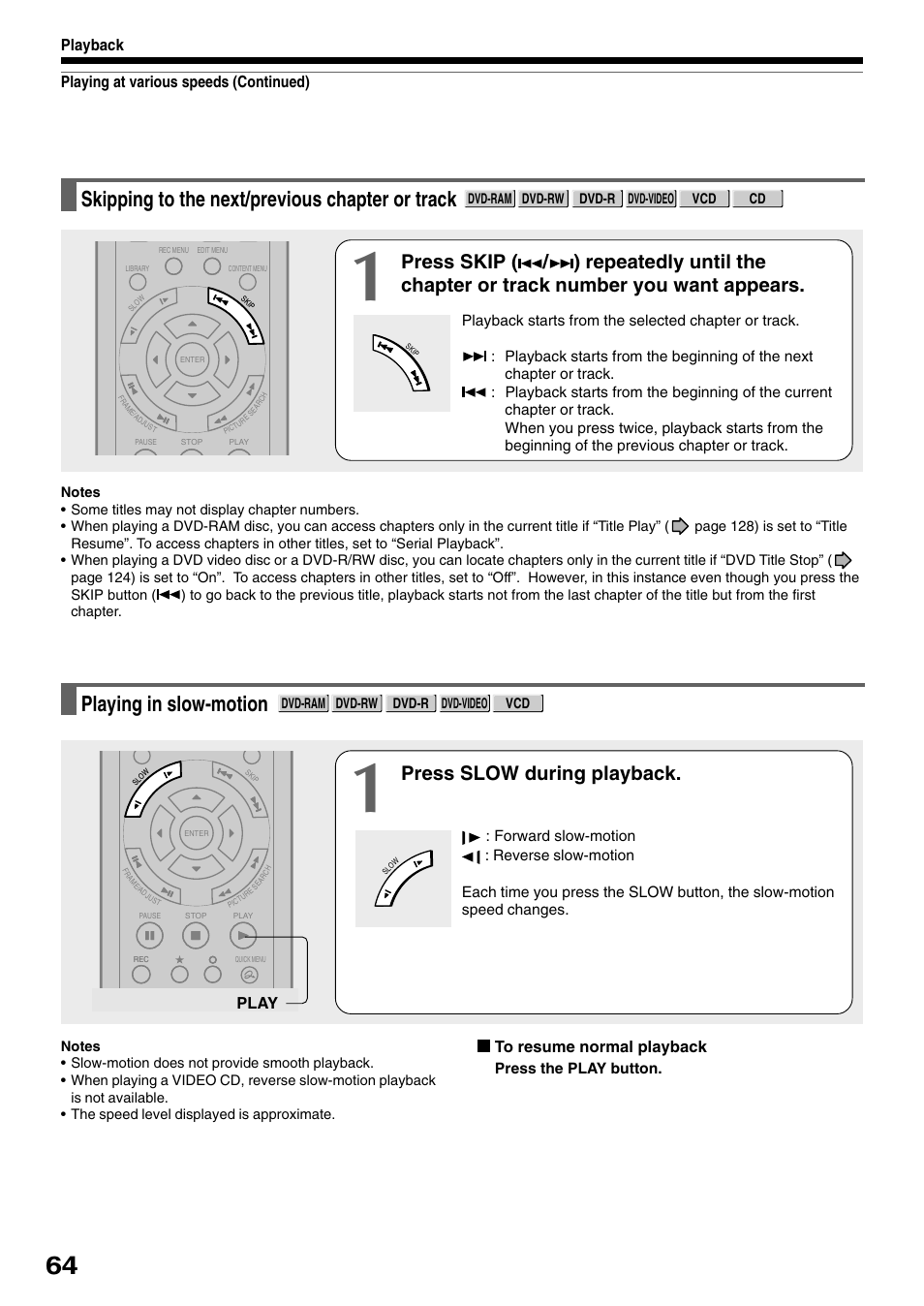 Skipping to the next/previous chapter or track, Playing in slow-motion, Press slow during playback | Toshiba D-R1SU User Manual | Page 64 / 144