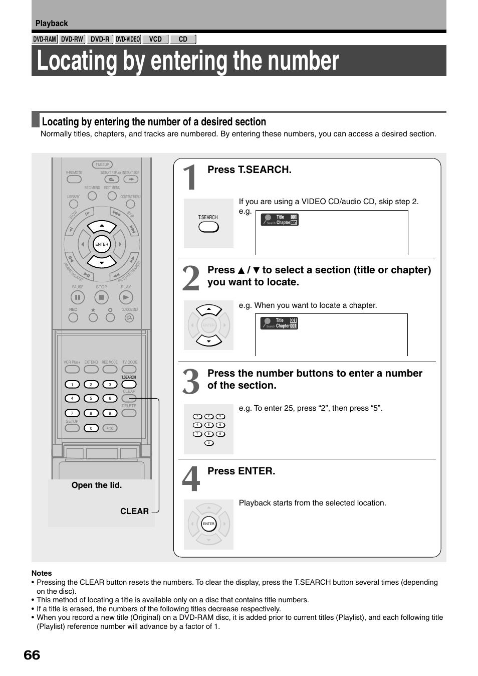 Locating by entering the number, Press t.search, Press enter | Toshiba D-R1SU User Manual | Page 66 / 144