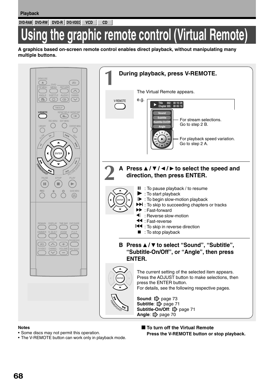 Using the graphic remote control (virtual remote), During playback, press v-remote, Playback | Toshiba D-R1SU User Manual | Page 68 / 144