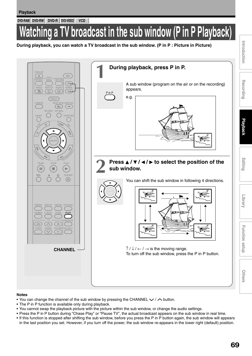 During playback, press p in p, Channel | Toshiba D-R1SU User Manual | Page 69 / 144