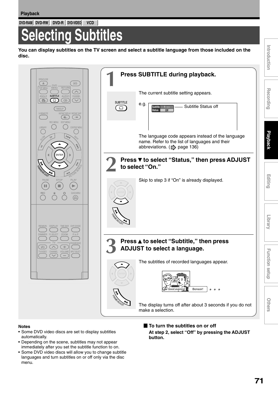 Selecting subtitles, Press subtitle during playback | Toshiba D-R1SU User Manual | Page 71 / 144