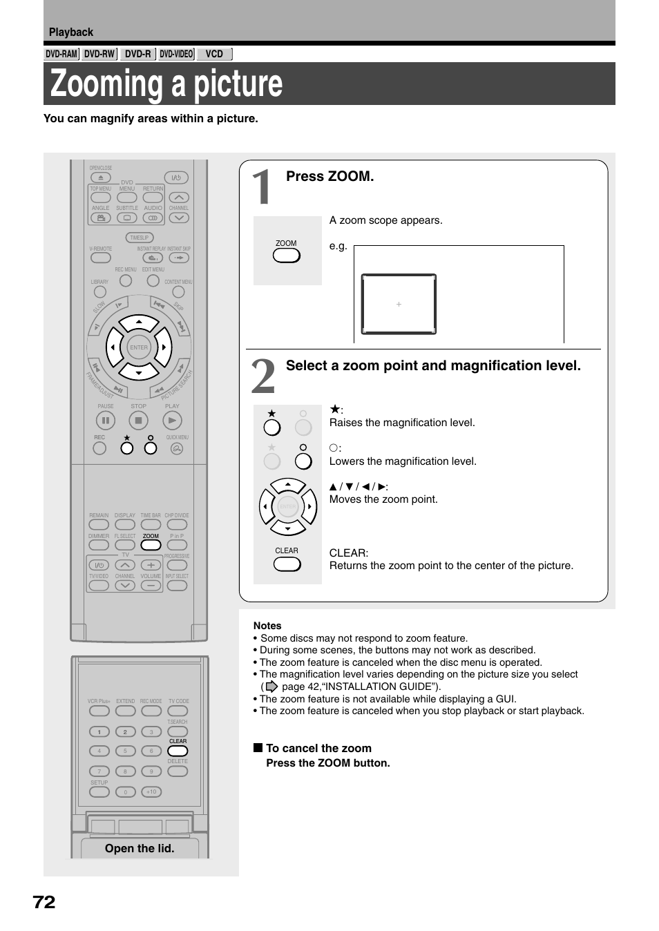 Zooming a picture, Press zoom, Select a zoom point and magnification level | Playback, You can magnify areas within a picture, Open the lid, A zoom scope appears. e.g, Press the zoom button | Toshiba D-R1SU User Manual | Page 72 / 144