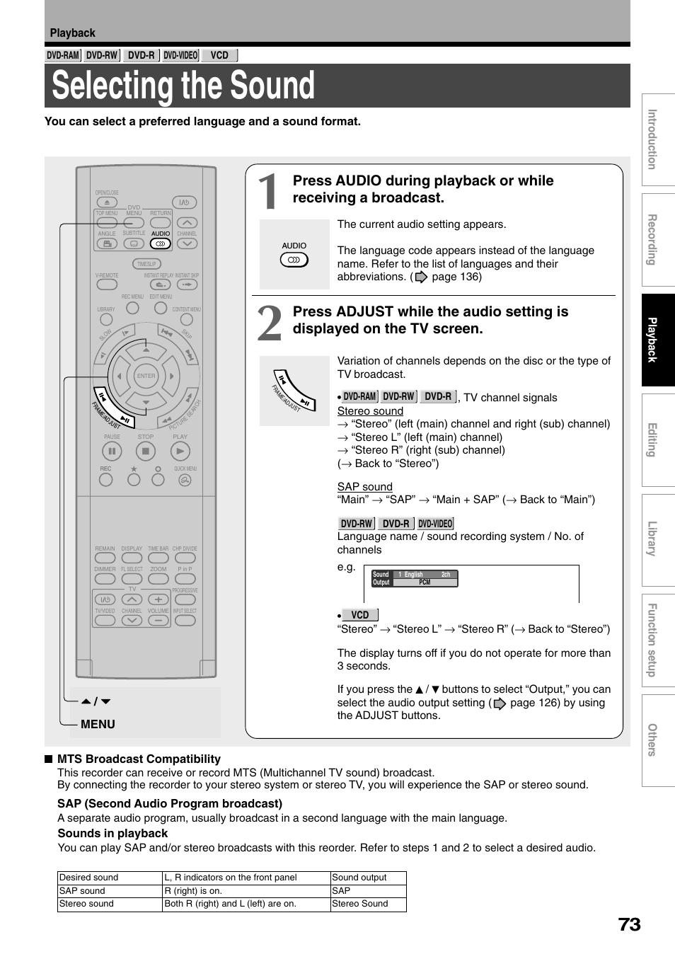 Selecting the sound | Toshiba D-R1SU User Manual | Page 73 / 144