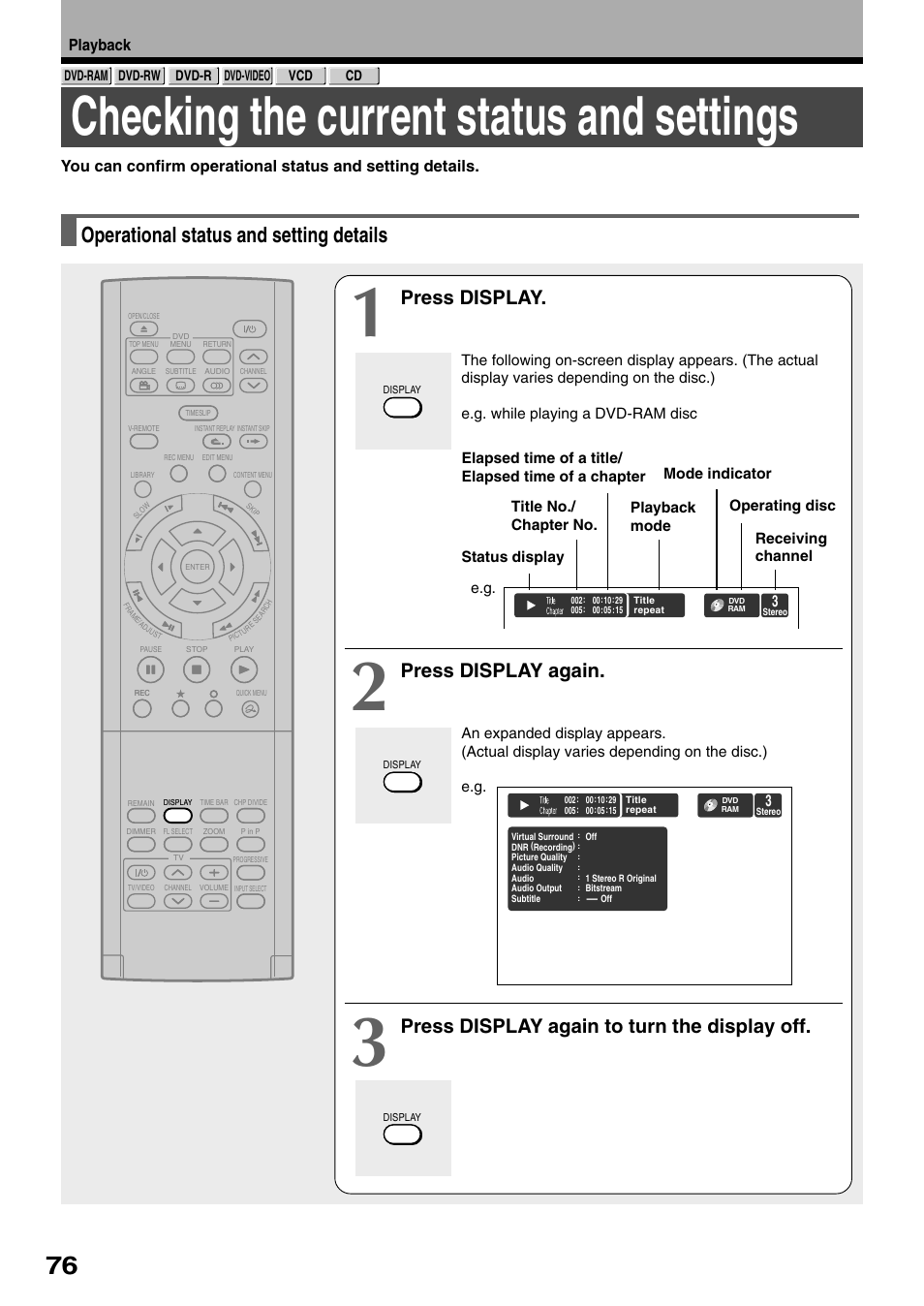 Checking the current status and settings, Operational status and setting details, Press display | Press display again, Press display again to turn the display off | Toshiba D-R1SU User Manual | Page 76 / 144