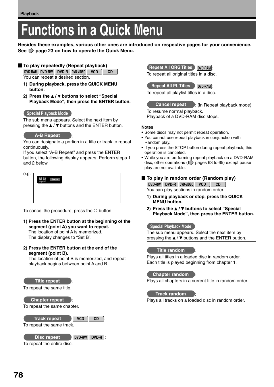 Functions in a quick menu | Toshiba D-R1SU User Manual | Page 78 / 144