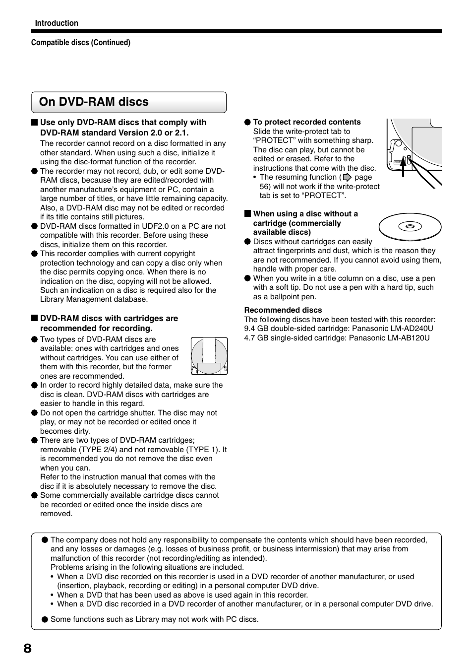 On dvd-ram discs | Toshiba D-R1SU User Manual | Page 8 / 144