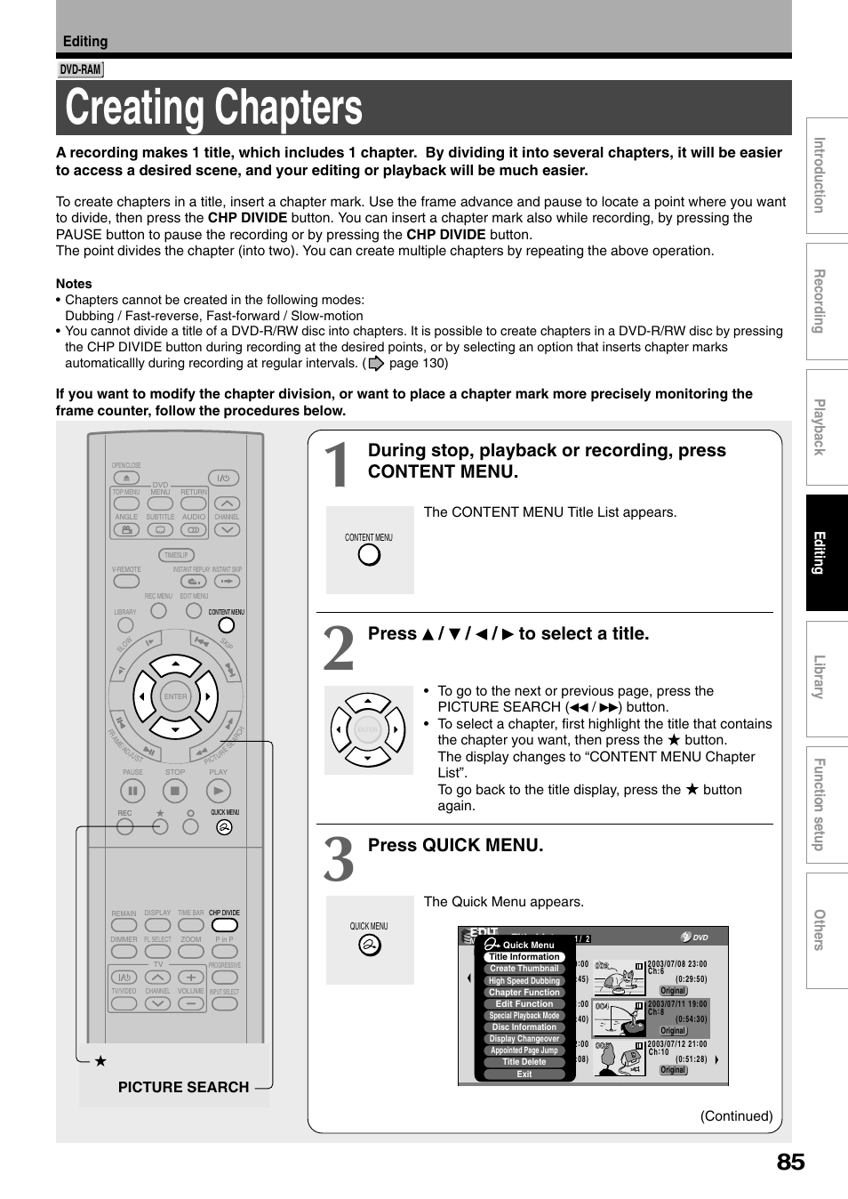 Creating chapters, Press / / / to select a title, Press quick menu | Picture search, Editing | Toshiba D-R1SU User Manual | Page 85 / 144