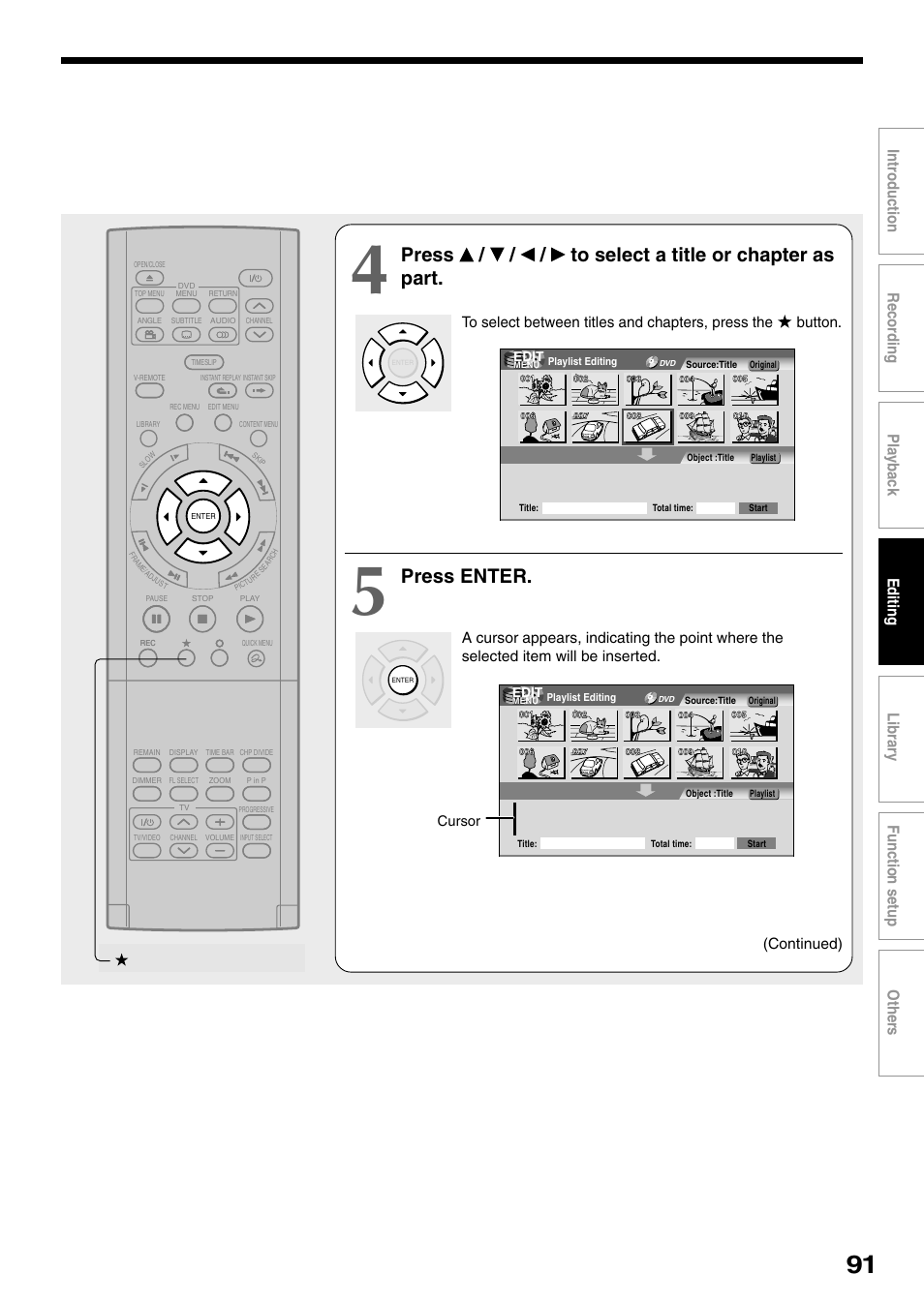 Press / / / to select a title or chapter as part, Press enter | Toshiba D-R1SU User Manual | Page 91 / 144