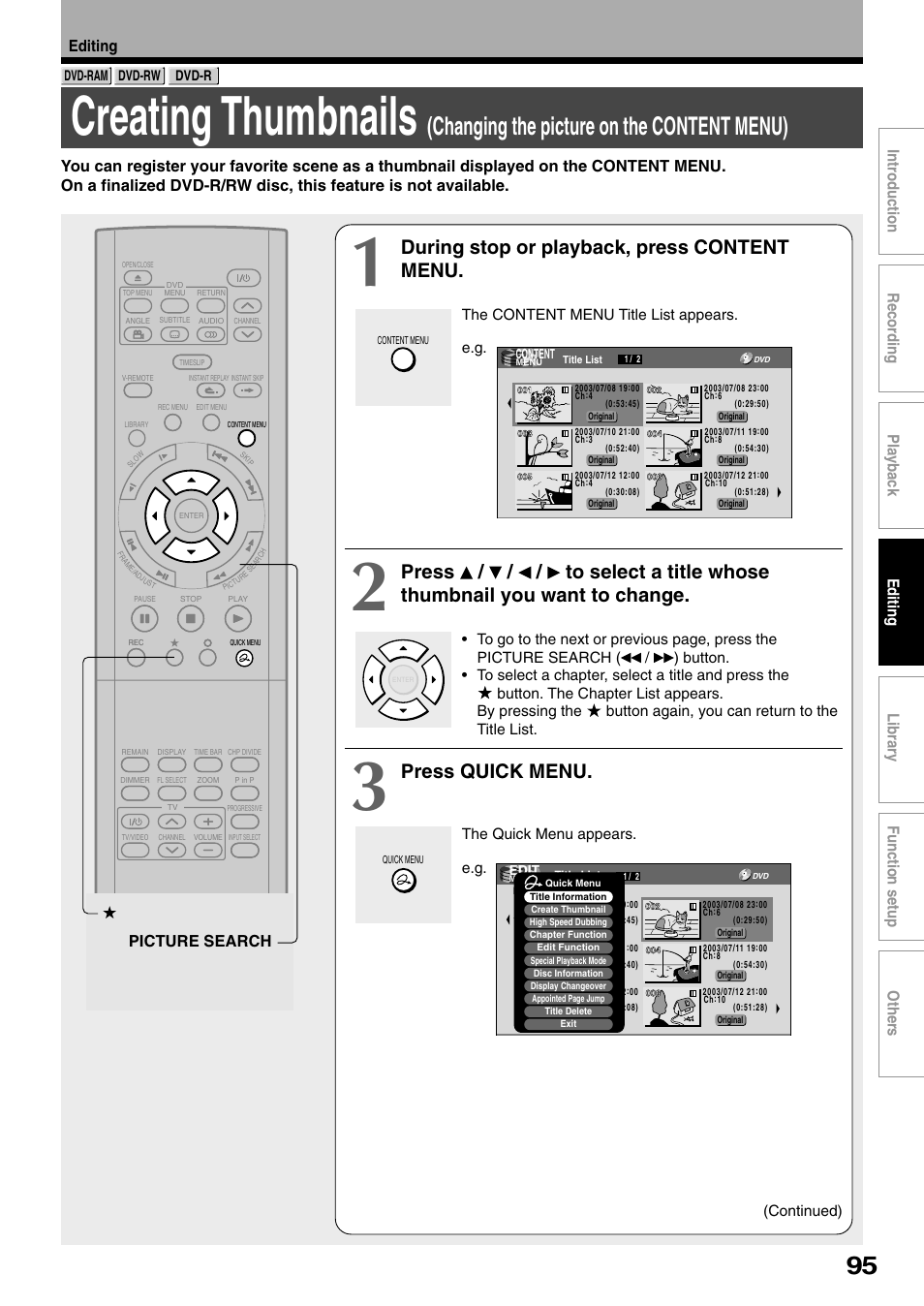 Creating thumbnails, Changing the picture on the content menu), During stop or playback, press content menu | Press quick menu, Picture search | Toshiba D-R1SU User Manual | Page 95 / 144