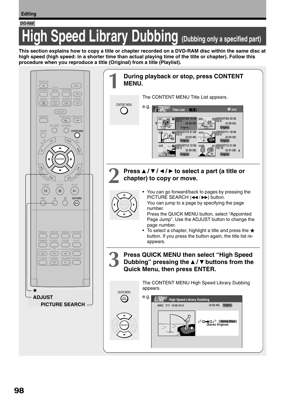 High speed library dubbing, Dubbing only a specified part), During playback or stop, press content menu | Editing, Picture search adjust | Toshiba D-R1SU User Manual | Page 98 / 144