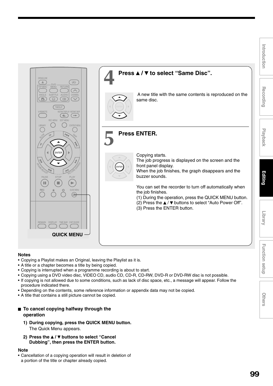 Press / to select “same disc, Press enter, Quick menu | Toshiba D-R1SU User Manual | Page 99 / 144