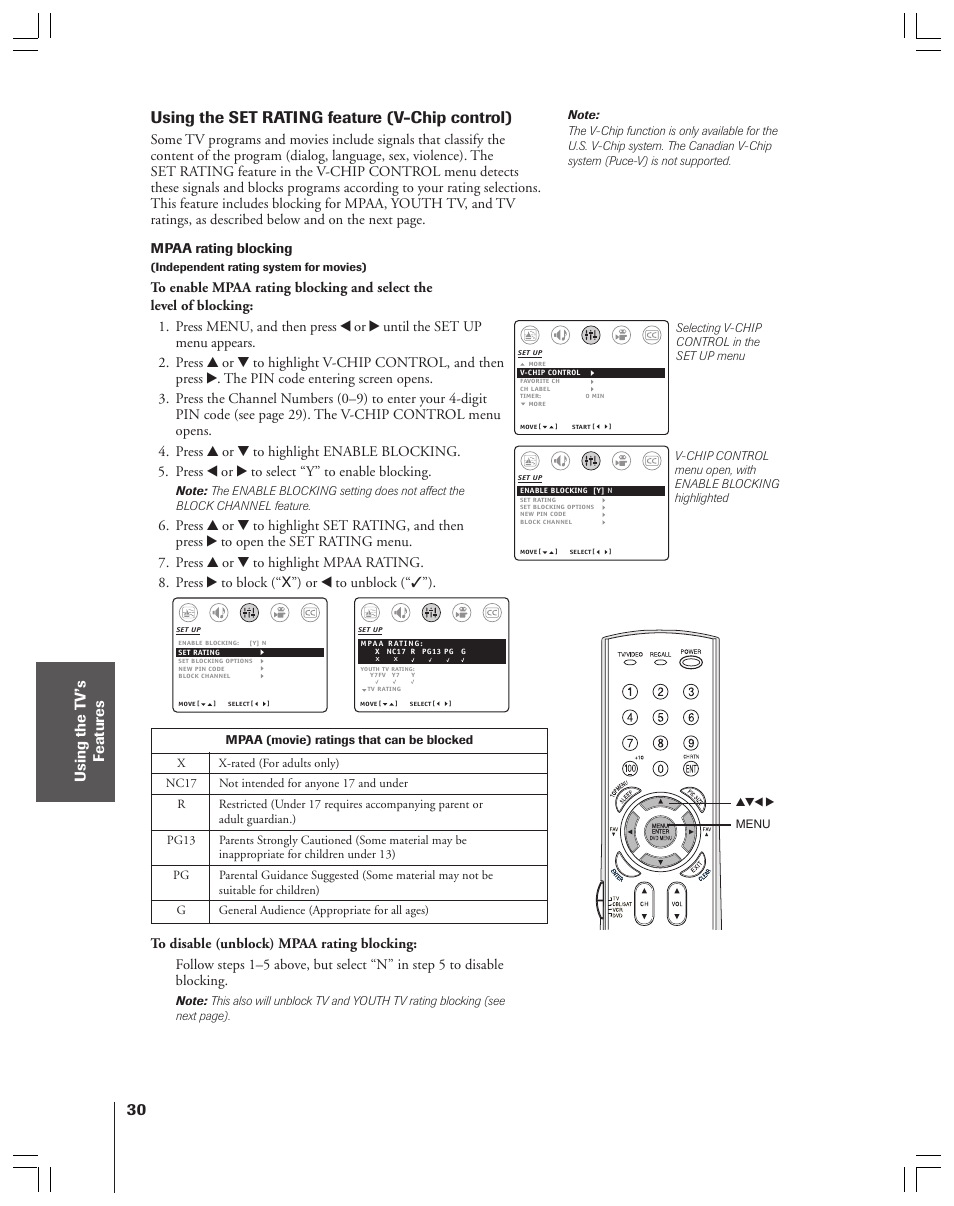 30 using the set rating feature (v-chip control), Using the t v’s f eatur es | Toshiba 32AF44/35AF44 User Manual | Page 30 / 48