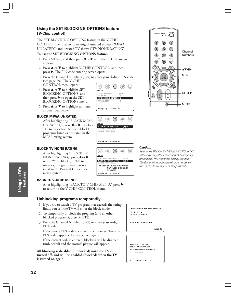 32 using the set blocking options feature, Unblocking programs temporarily, V-chip control) | Using the t v’s f eatur es | Toshiba 32AF44/35AF44 User Manual | Page 32 / 48