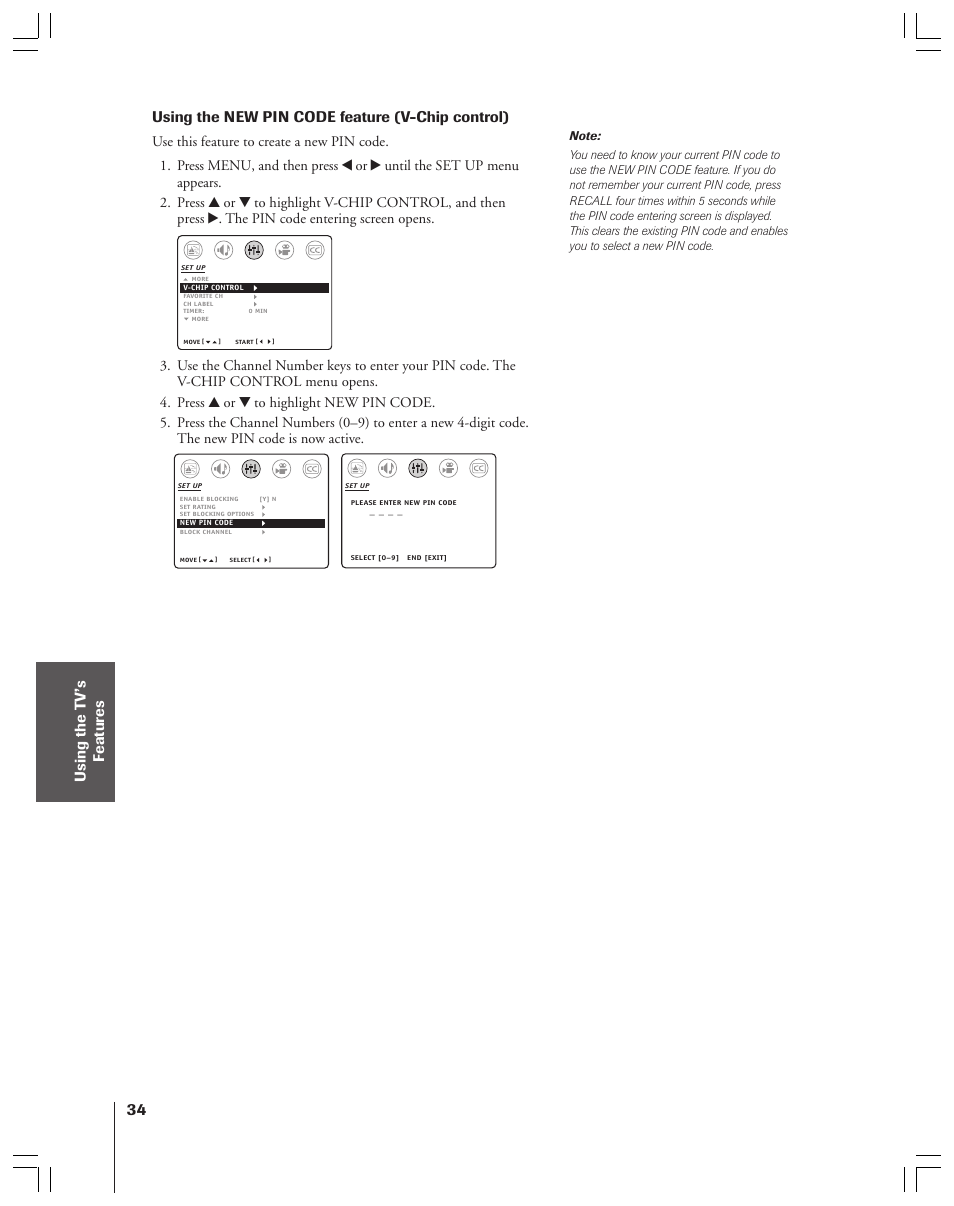 Using the new pin code feature (v-chip control), Using the t v’s f eatur es | Toshiba 32AF44/35AF44 User Manual | Page 34 / 48